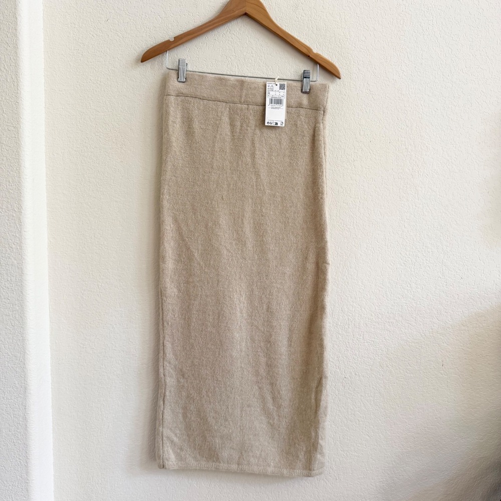 Mango MNG Committed Beige Knit Midi Pencil Skirt Wool Alpaca Blend Womens M New